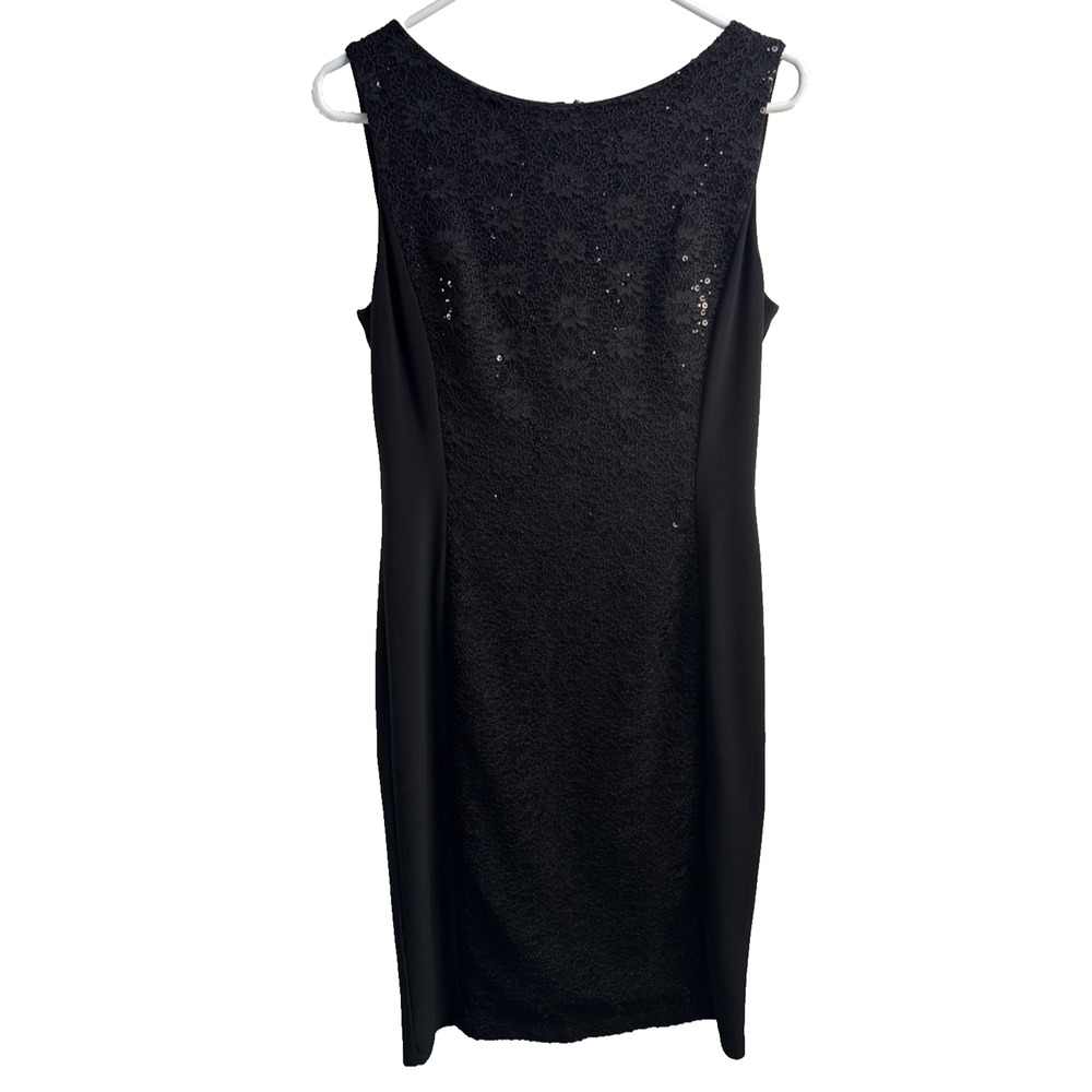 Anne Klein Size 6 Lace and Sequence Panel Overlay Black Stretch Sleeveless Dress